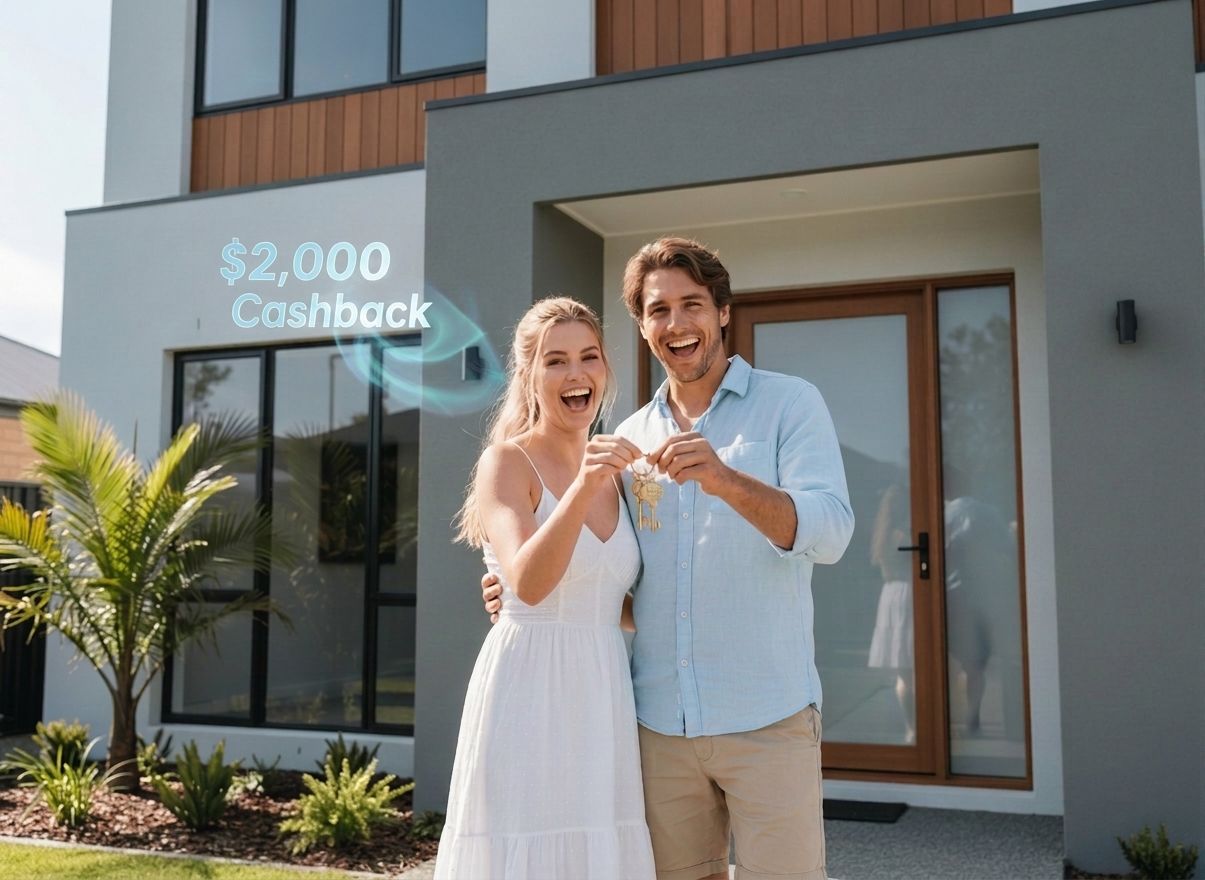 A couple celebrating outside their new home